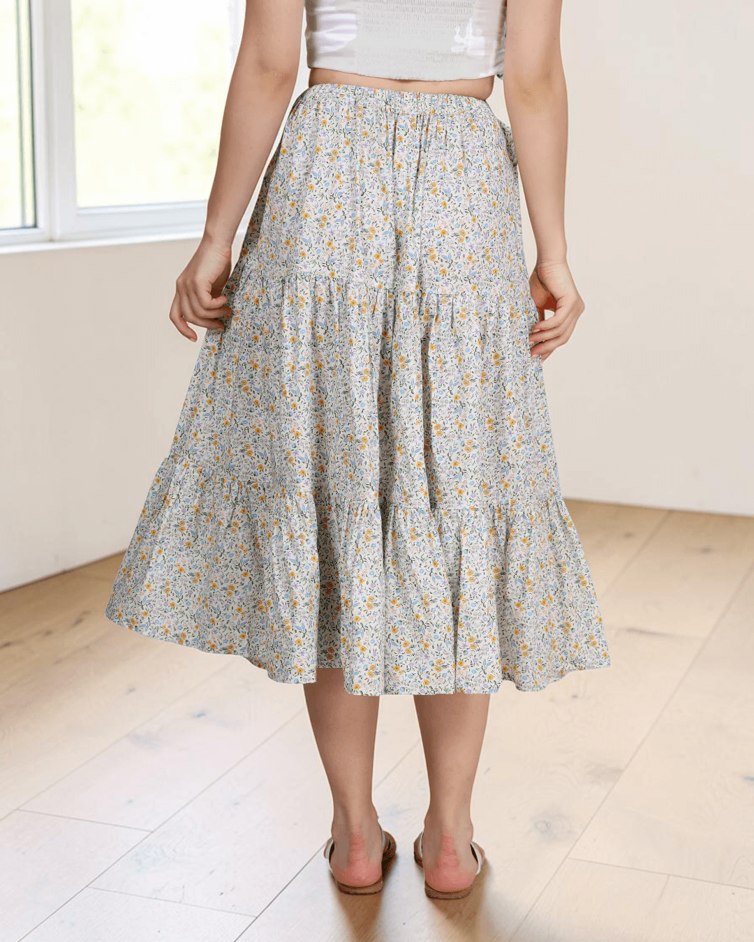 Front close up of tiered midi skirt sewing pattern with flattering design and versatile styling