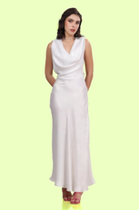 Front view of a model wearing backless cowl neck gown