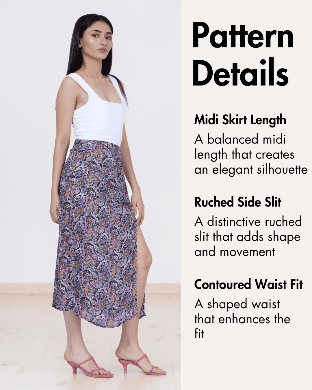 Pattern details for midi skirt with contour waist and high slit