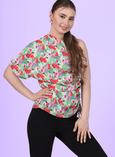 Close up of a model wearing the one shoulder kimono top