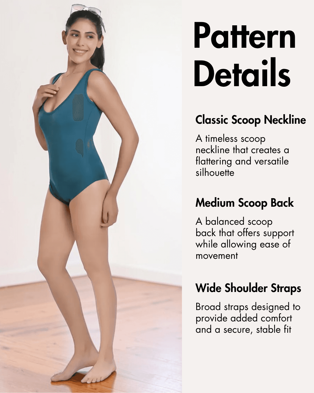 Pattern details for Bodysuit Sewing Pattern 'Gabby' with scoop neckline and support features