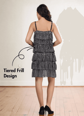 Back view of women's tiered frill dress with fully lined construction and adjustable straps