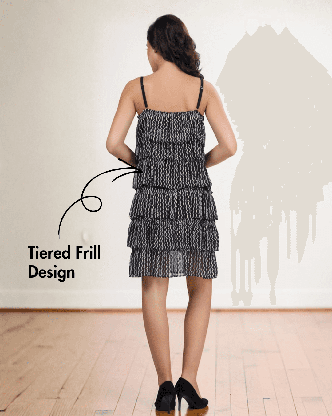 Back view of women's tiered frill dress with fully lined construction and adjustable straps