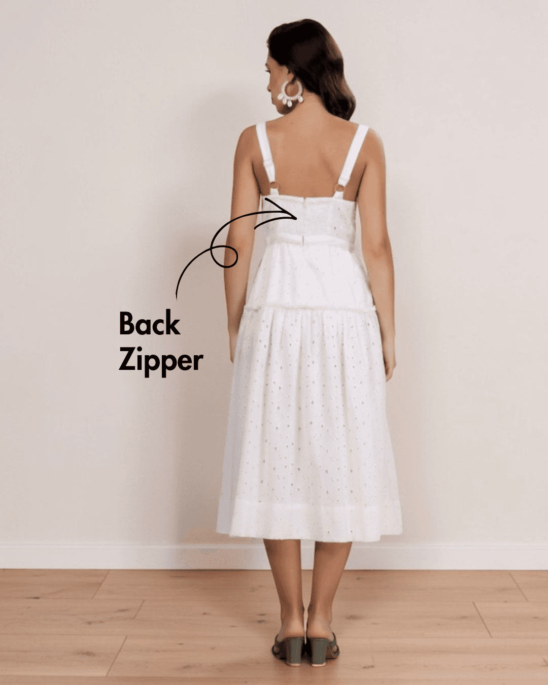 Back view of white midi sundress with back zipper, adjustable straps, and tiered skirt, based on Fiona sewing pattern