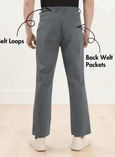 Back view of men's gray formal trousers sewing pattern highlighting back welt pockets, belt loops, and mid-rise waist