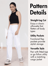 Women's cargo pants sewing pattern PDF with straight-leg cut, utility pockets, and versatile style