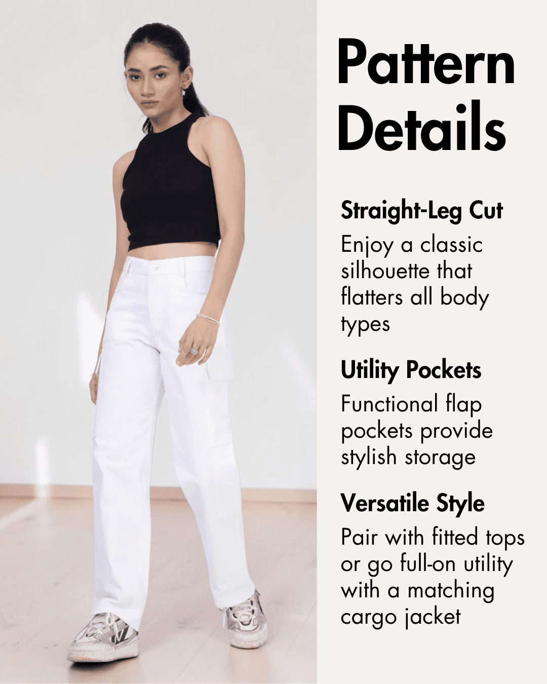 Women's cargo pants sewing pattern PDF with straight-leg cut, utility pockets, and versatile style