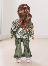 Doll with floral top and velvet flared pants sewing pattern back view