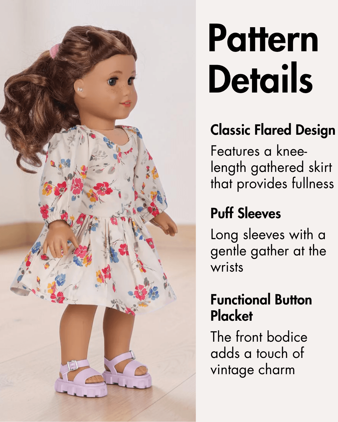 Pattern details for doll Millie dress with flared skirt, buttons, and puff sleeves