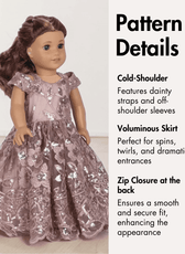 Pattern details for doll princess gown with cold-shoulder design, voluminous skirt, and scalloped lace hem