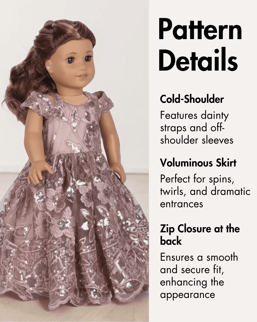 Pattern details for doll princess gown with cold-shoulder design, voluminous skirt, and scalloped lace hem
