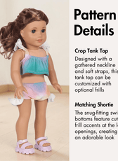 Pattern details for doll swimwear with gathered neckline and frill leg openings