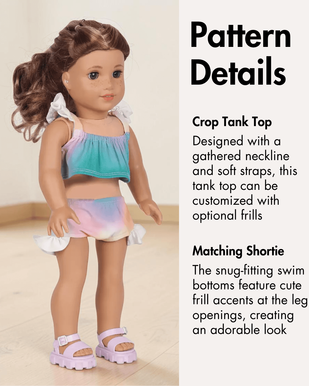 Pattern details for doll swimwear with gathered neckline and frill leg openings