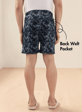Back view of men's swim shorts 'Luca' sewing pattern showing back welt pocket and elastic waistband