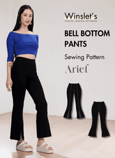 Black bell bottom pants sewing pattern with front slits and high waist design