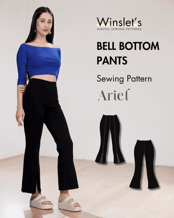 Black bell bottom pants sewing pattern with front slits and high waist design