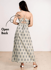Back view of maxi dress with open back and tie closure
