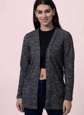 Close-up of the 'Nora' long cardigan, showcasing its open-front design and comfortable fit. A versatile outerwear piece for casual and semi-formal outfits.