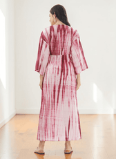 Back view of pink and red tie-dye kaftan maxi dress with adjustable drawstring waist