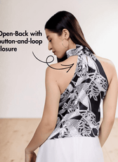 Back View of halter top pattern details with high neckline and backless style