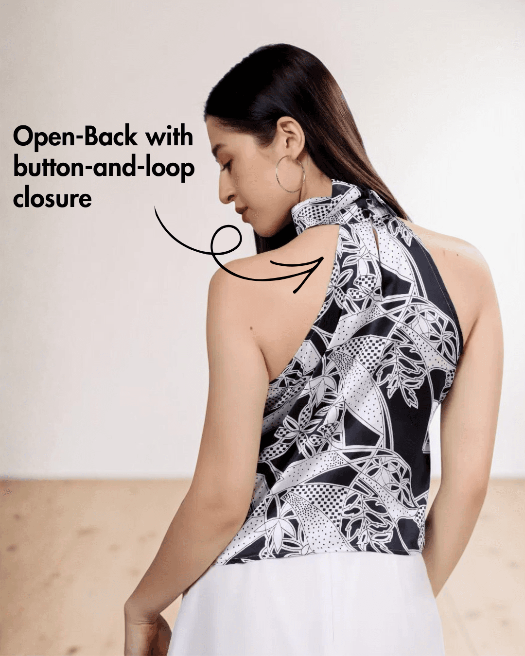 Back View of halter top pattern details with high neckline and backless style