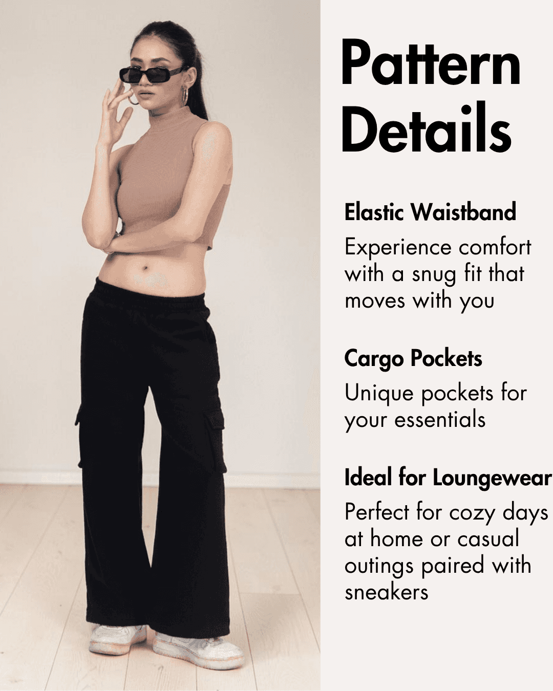 Detailed pattern features for Maddie sweatpants with elastic waistband and cargo pockets