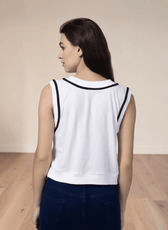 Back View of Sleeveless sweater vest with V-neck and ribbed armholes