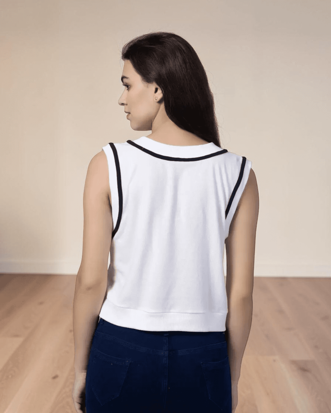 Back View of Sleeveless sweater vest with V-neck and ribbed armholes