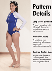 Pattern details for long sleeve swimsuit with contrast raglan sleeves