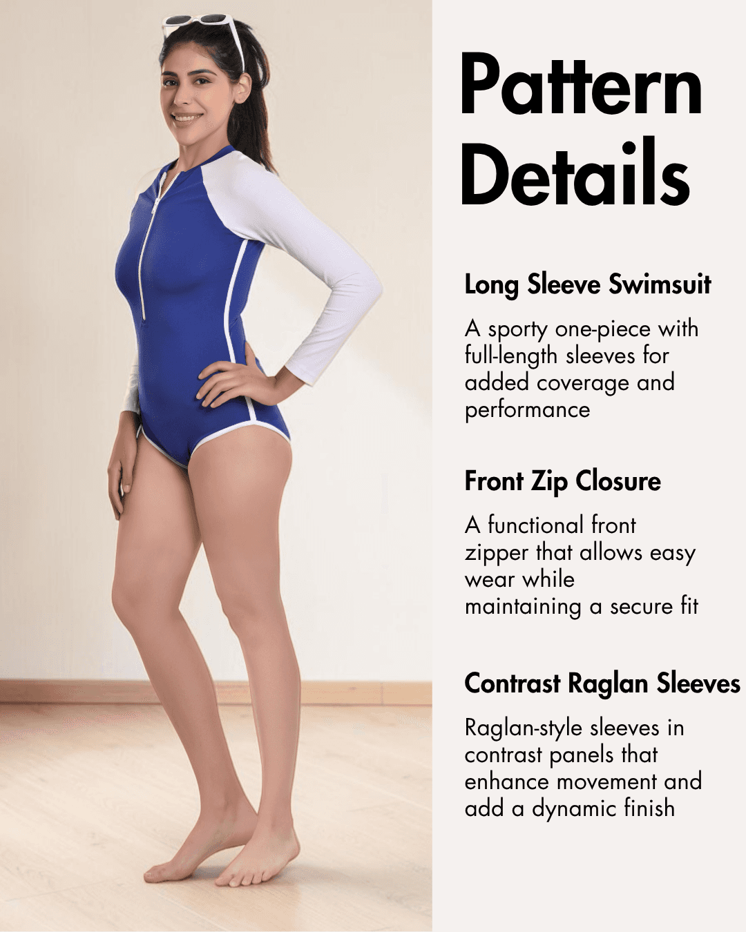 Pattern details for long sleeve swimsuit with contrast raglan sleeves