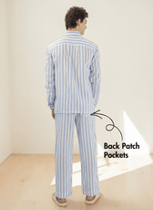 Men's striped pajama top with front button closure, back view