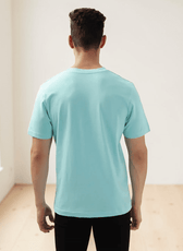 Back view of men's turquoise T-shirt sewing pattern  with straight hem and short sleeves