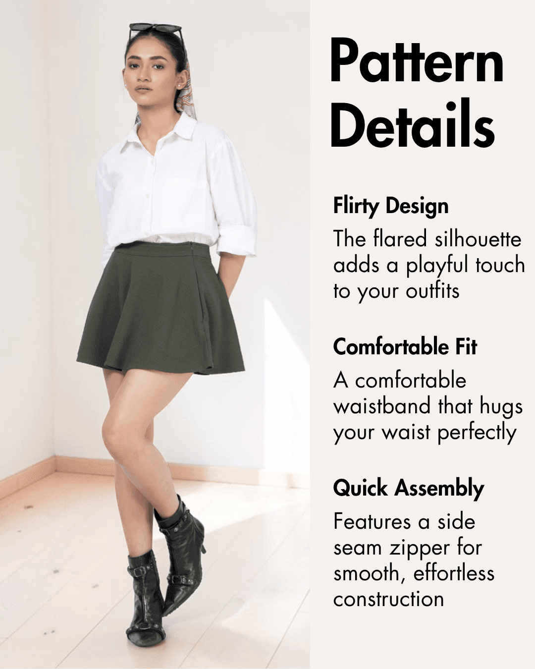 Pattern details for 'Poppy' skater skirt with layered PDF, seam allowance, and instructions