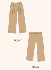 Technical illustration of the 'Margot' wide-leg trousers sewing pattern. Shows front and back views with pleated detailing and a belted waist.