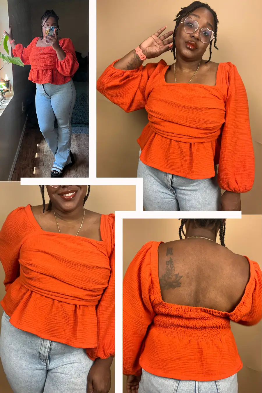 Reese Peplum Top Sewing Pattern in vibrant orange, modeled to show front, back, and side views with puff sleeves and smocked back detail.