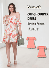 Off shoulder dress sewing pattern 'Aster' with tiered ruffles and puff sleeves