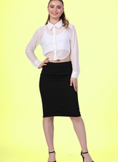 Long distant image of a model wearing a crop shirt with full sleeves and collar sewed with Winslet's pattern.