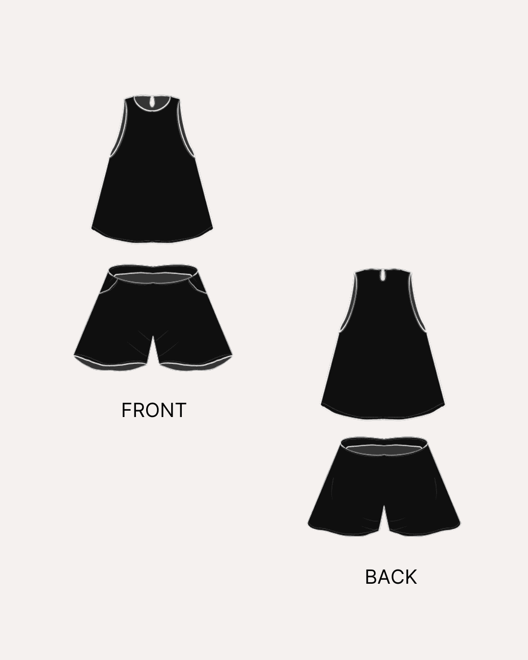 Pattern illustration of sleeveless top and shorts with scalloped hems and embroidery details