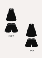 Pattern illustration of sleeveless top and shorts with scalloped hems and embroidery details