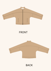 Technical illustration of the Naomi windbreaker sewing pattern, showing front and back views. Includes zip closure, elasticated hem, and sleeve details.