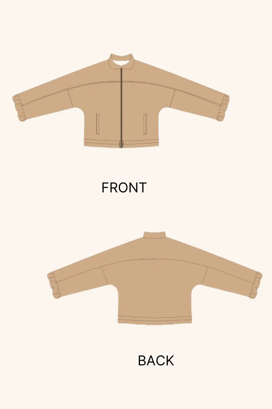 Technical illustration of the Naomi windbreaker sewing pattern, showing front and back views. Includes zip closure, elasticated hem, and sleeve details.