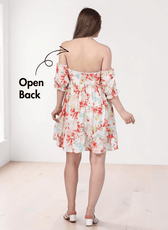 Off shoulder dress sewing pattern 'Aster' with open back and puff sleeves, back view