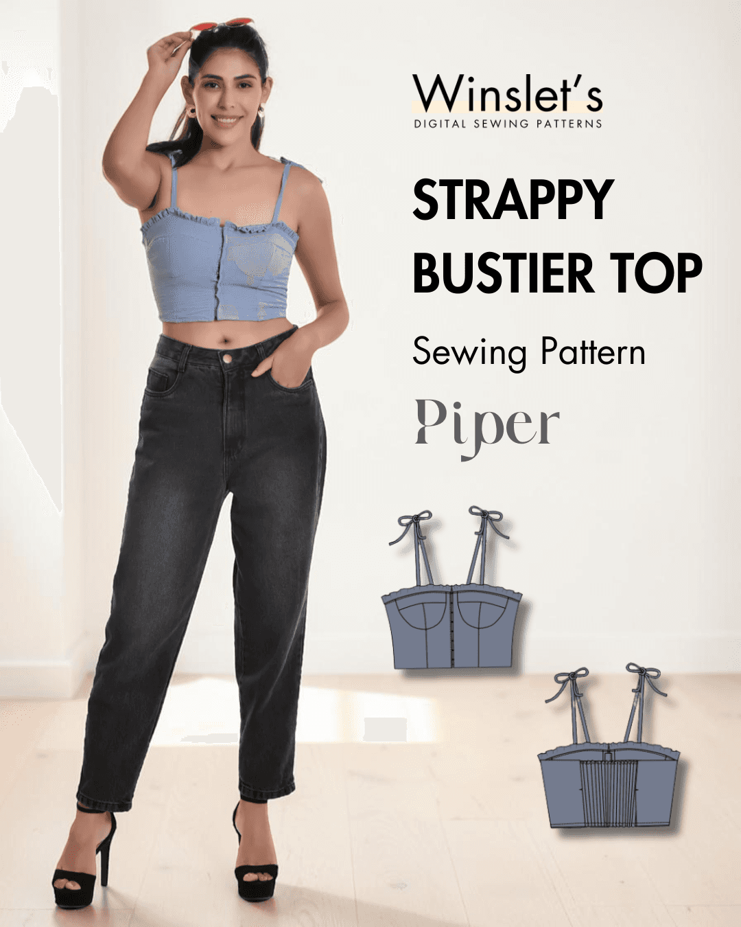 Blue cropped bustier top with ruffled neckline and adjustable tie straps
