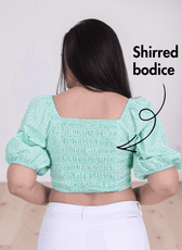 Back view of Bustier Crop Top sewing pattern with shirred back detail