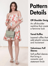 Pattern details for 'Aster' off shoulder dress with layered ruffles and voluminous puff sleeves