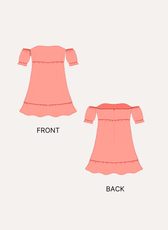 Illustration of front and back views of pink off shoulder dress with tiered ruffles