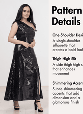 Close-up of black sequined pattern details on evening dress