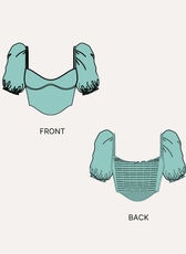 Illustration of sewing pattern for Blossom bustier crop top with puff sleeves and shirred bodice