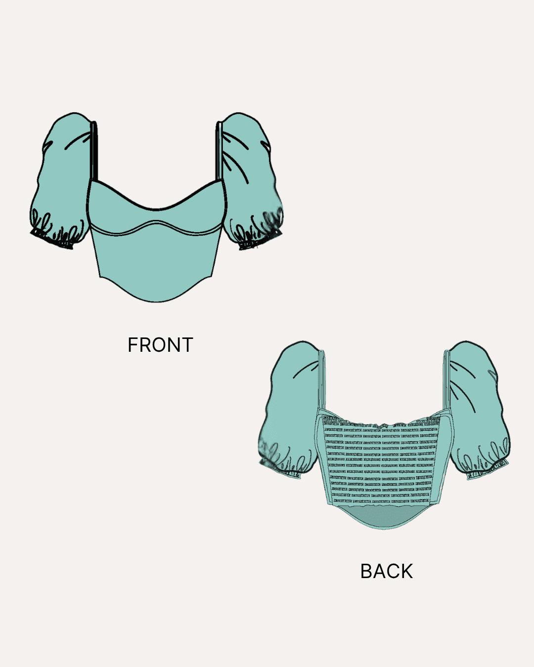 Illustration of sewing pattern for Blossom bustier crop top with puff sleeves and shirred bodice