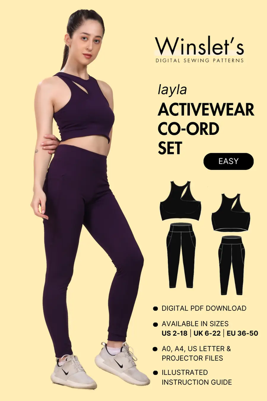 Activewear Coord Set Sewing Pattern 'Layla' from Winslet's, featuring a stylish cutout sports bra and high-waisted leggings. Digital PDF download with sizes US 2-18, UK 6-22, EU 36-50.